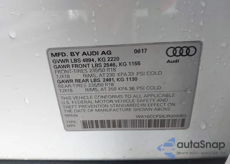 2018 Audi Q3 2.0T Premium/2.0T Sport Premium z USA, uszkodzony, nr VIN WA1ECCFSXJR009383